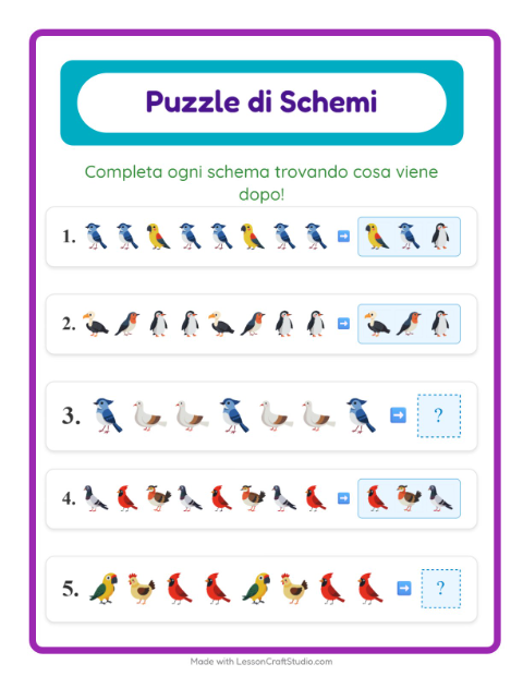 Anteprima della scheda di Scheda Di Modelli con Uccelli 2 per Scuola primaria classe prima