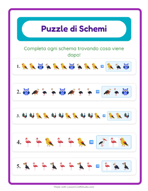 Anteprima della scheda di Scheda Di Modelli con Uccelli per Scuola primaria classe prima