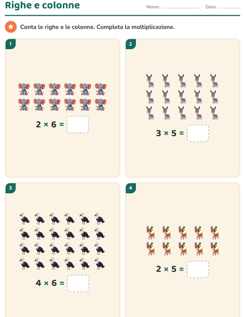Anteprima della scheda di Schieramenti e moltiplicazione con Animali per Scuola primaria classe seconda