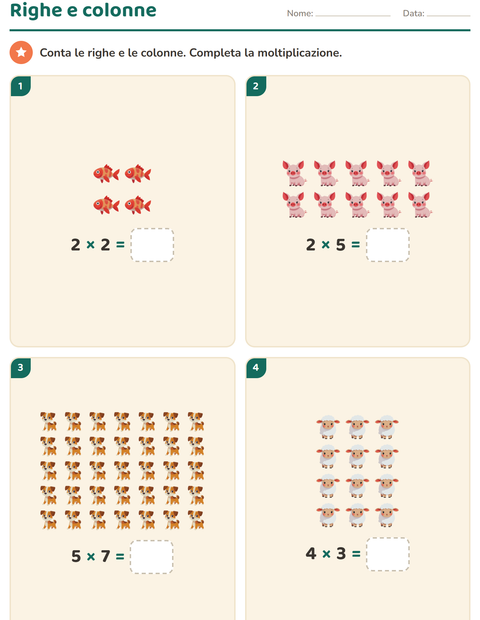 Anteprima della scheda di Schieramenti e moltiplicazione con Animali per Scuola primaria classe seconda