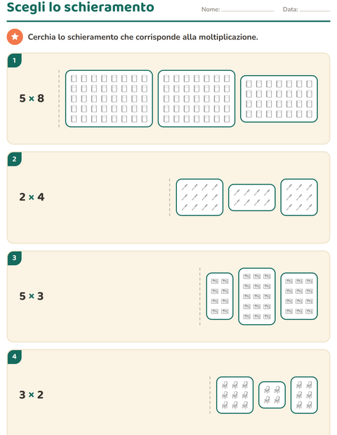 Anteprima della scheda di Schieramenti e moltiplicazione con Aula 2 (B/N) per Scuola primaria classe seconda