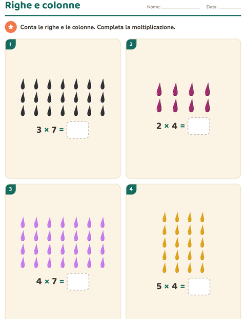 Anteprima della scheda di Schieramenti e moltiplicazione con Colori per Scuola primaria classe seconda