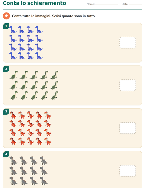 Anteprima della scheda di Schieramenti e moltiplicazione con Dinosauri per Scuola dell'infanzia (5-7 anni)