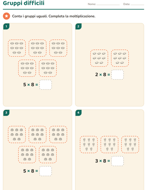 Anteprima della scheda di Schieramenti e moltiplicazione con Dolce (B/N) per Scuola primaria classe terza