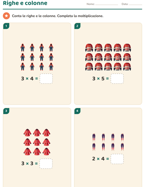 Anteprima della scheda di Schieramenti e moltiplicazione con Abbigliamento per Scuola primaria classe seconda