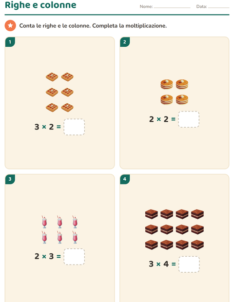 Anteprima della scheda di Schieramenti e moltiplicazione con Dolci e dolciumi per Scuola primaria classe seconda