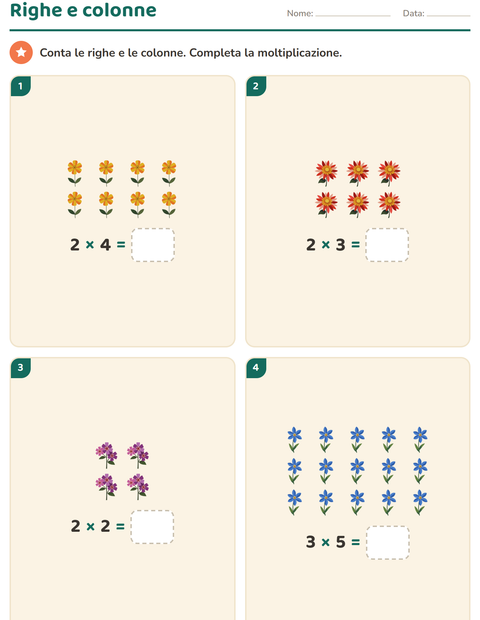 Anteprima della scheda di Schieramenti e moltiplicazione con Fiori per Scuola primaria classe seconda