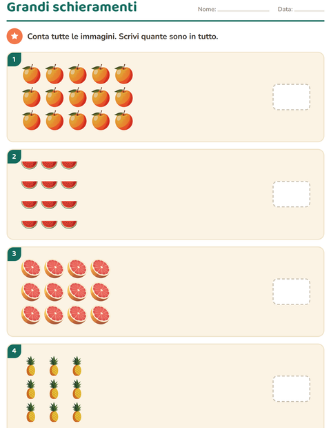 Anteprima della scheda di Schieramenti e moltiplicazione con Frutta per Scuola primaria classe terza