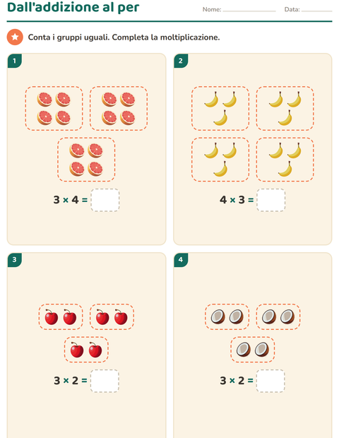 Anteprima della scheda di Schieramenti e moltiplicazione con Frutta per Scuola primaria classe seconda