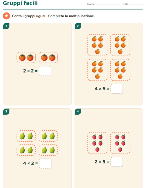 Anteprima della scheda di Schieramenti e moltiplicazione con Frutta per Scuola primaria classe seconda