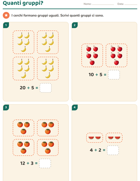 Anteprima della scheda di Schieramenti e moltiplicazione con Frutta per Scuola primaria classe seconda