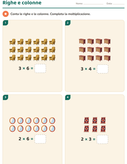 Anteprima della scheda di Schieramenti e moltiplicazione con Mobili per Scuola primaria classe seconda