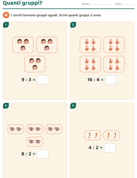 Anteprima della scheda di Schieramenti e moltiplicazione con Parti del corpo per Scuola primaria classe seconda