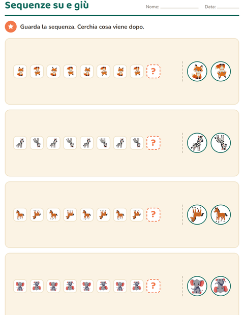 Anteprima della scheda di Sequenze e ritmi con Animali per Scuola dell'infanzia (5-7 anni)