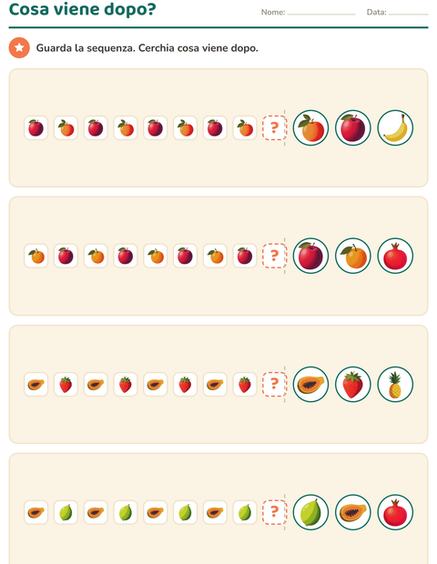 Anteprima della scheda di Sequenze e ritmi con Frutta per Scuola dell'infanzia (5-7 anni)