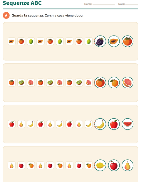 Anteprima della scheda di Sequenze e ritmi con Frutta per Scuola dell'infanzia (5-7 anni)