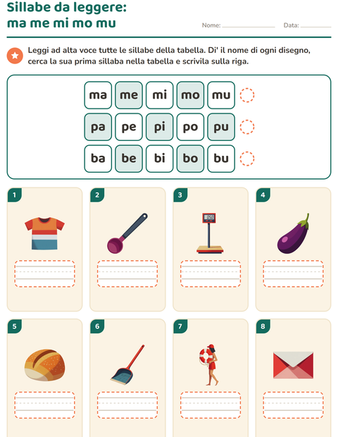 Anteprima della scheda di Sillabe da leggere per Scuola primaria classe prima