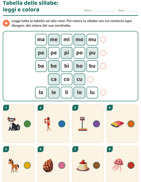 Anteprima della scheda di Sillabe da leggere per Scuola primaria classe prima
