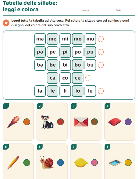Anteprima della scheda di Sillabe da leggere per Scuola primaria classe prima
