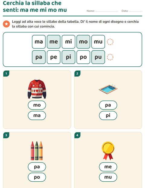 Anteprima della scheda di Sillabe da leggere per Scuola primaria classe prima