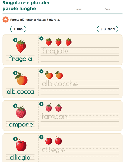 Anteprima della scheda di Singolare e plurale con Frutta per Scuola dell'infanzia (5-7 anni)