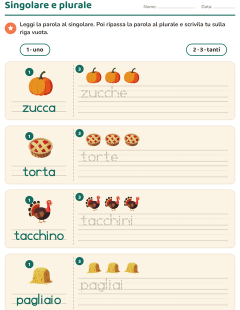 Anteprima della scheda di Singolare e plurale con Giorno del Ringraziamento per Scuola dell'infanzia (5-7 anni)
