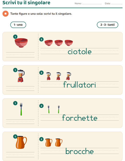 Anteprima della scheda di Singolare e plurale con Utensili da cucina per Scuola dell'infanzia (5-7 anni)