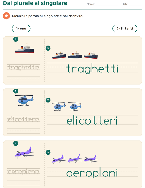 Anteprima della scheda di Singolare e plurale con Veicoli per Scuola dell'infanzia (5-7 anni)