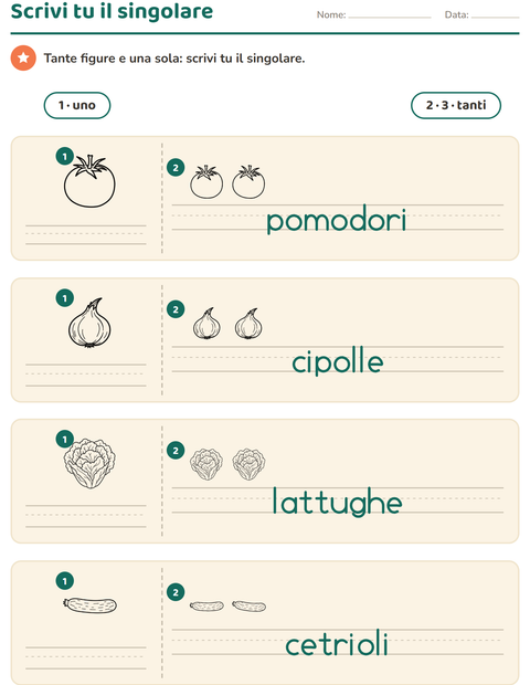 Anteprima della scheda di Singolare e plurale con Verdure BN per Scuola dell'infanzia (5-7 anni)