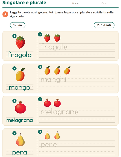 Anteprima della scheda di Singolare e plurale con Frutta per Scuola dell'infanzia (5-7 anni)