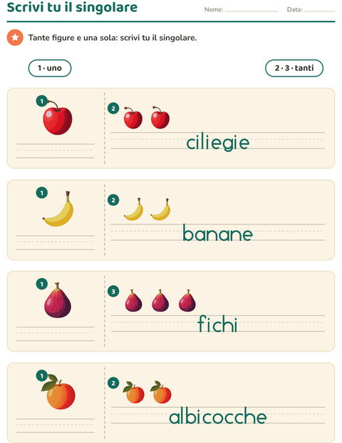 Anteprima della scheda di Singolare e plurale con Frutta per Scuola dell'infanzia (5-7 anni)