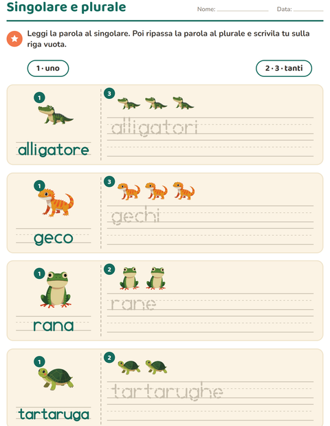 Anteprima della scheda di Singolare e plurale con Rettili e anfibi per Scuola dell'infanzia (5-7 anni)