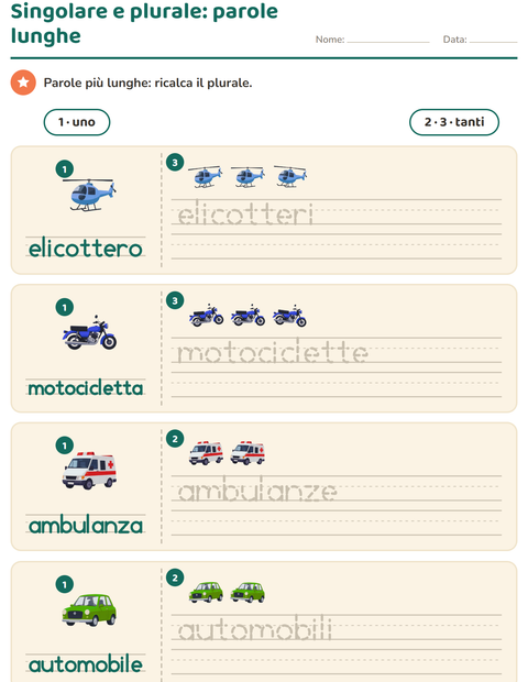 Anteprima di Singolare e plurale con parole lunghe: da un veicolo a tre