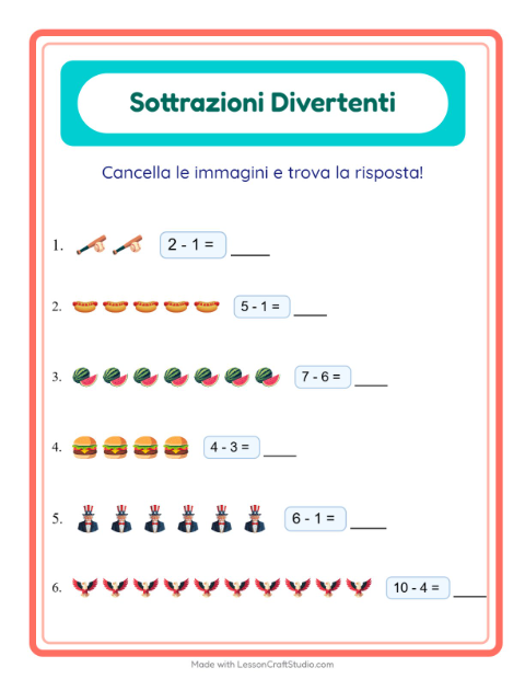 Anteprima della scheda di Sottrazione con 4 luglio per Scuola dell'infanzia (5-7 anni)