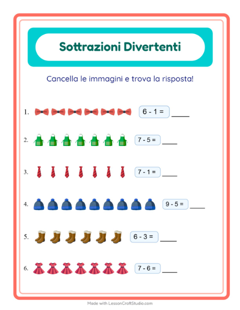 Anteprima della scheda di Sottrazione con Abbigliamento per Scuola dell'infanzia (5-7 anni)