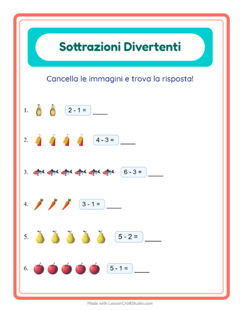 Anteprima della scheda di Sottrazione con Al supermercato per Scuola dell'infanzia (5-7 anni)