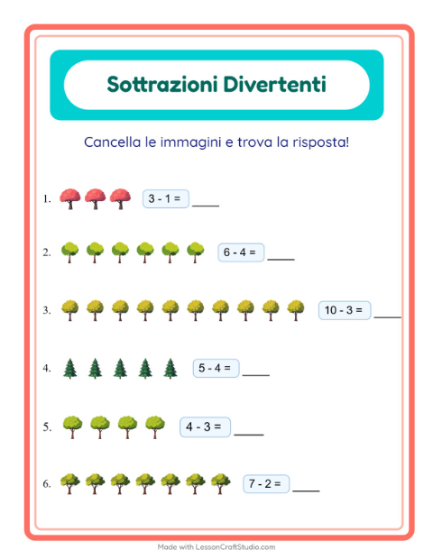 Anteprima della scheda di Sottrazione con Alberi per Scuola dell'infanzia (5-7 anni)
