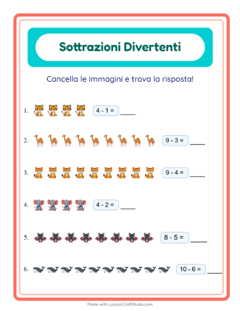 Anteprima della scheda di Sottrazione con Animali per Scuola dell'infanzia (5-7 anni)