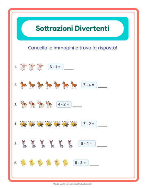 Anteprima della scheda di Sottrazione con Animali della fattoria per Scuola dell'infanzia (5-7 anni)