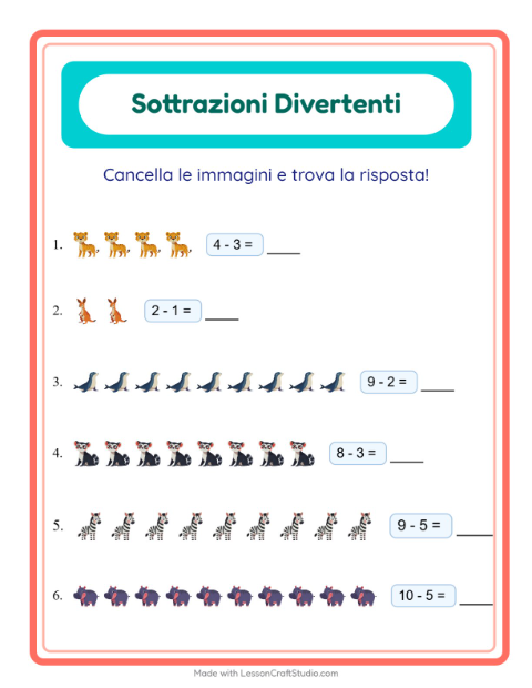 Anteprima della scheda di Sottrazione con Animali dello zoo per Scuola dell'infanzia (5-7 anni)
