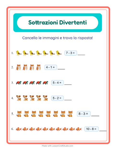 Anteprima della scheda di Sottrazione con Animali domestici per Scuola dell'infanzia (5-7 anni)