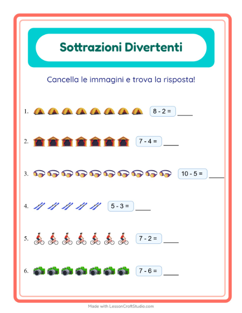 Anteprima della scheda di Sottrazione con Attività per Scuola dell'infanzia (5-7 anni)