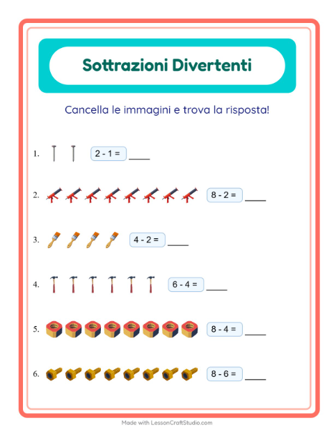 Anteprima della scheda di Sottrazione con Attrezzi per Scuola dell'infanzia (5-7 anni)