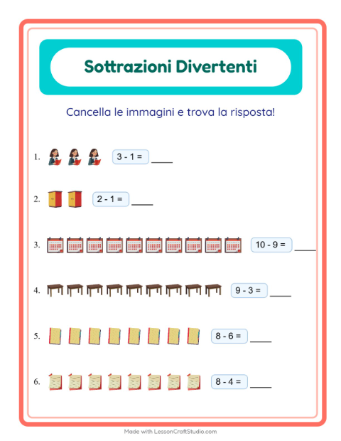 Anteprima della scheda di Sottrazione con Aula per Scuola dell'infanzia (5-7 anni)