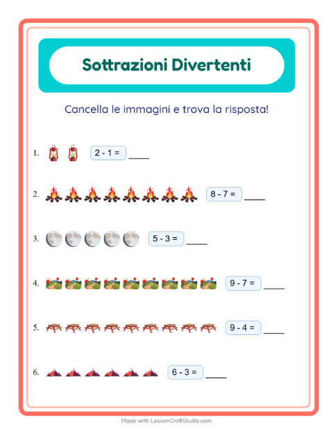 Anteprima della scheda di Sottrazione con Campeggio per Scuola dell'infanzia (5-7 anni)