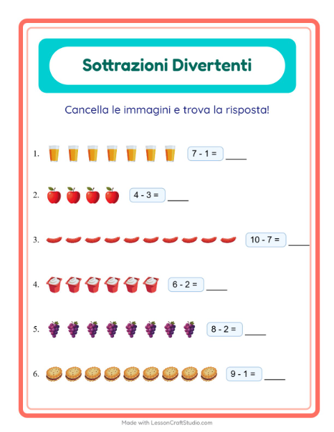 Anteprima della scheda di Sottrazione con Colazione per Scuola dell'infanzia (5-7 anni)
