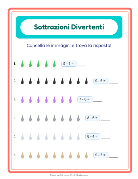 Anteprima della scheda di Sottrazione con Colori per Scuola dell'infanzia (5-7 anni)