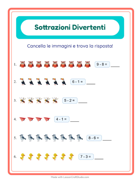 Anteprima della scheda di Sottrazione con Cose che volano per Scuola dell'infanzia (5-7 anni)