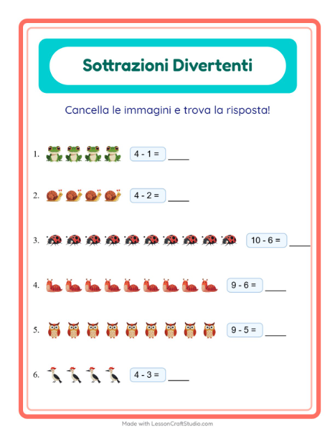 Anteprima della scheda di Sottrazione con Creature della foresta per Scuola dell'infanzia (5-7 anni)