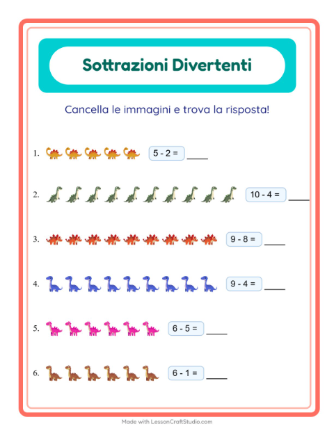 Anteprima della scheda di Sottrazione con Dinosauri per Scuola dell'infanzia (5-7 anni)
